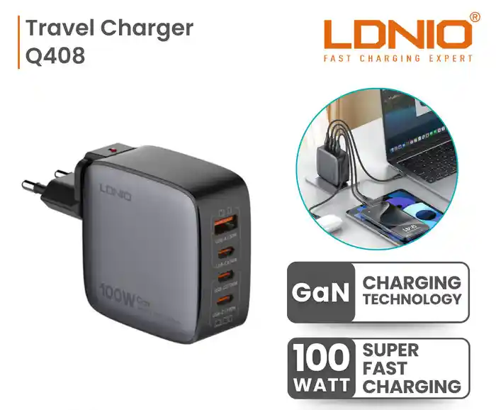LDNIO Q408 100W GaN Super Fast Charger with Replaceable Plug (US/EU/UK)